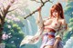 A woman in traditional attire holds a sword amidst cherry blossoms and a waterfall.